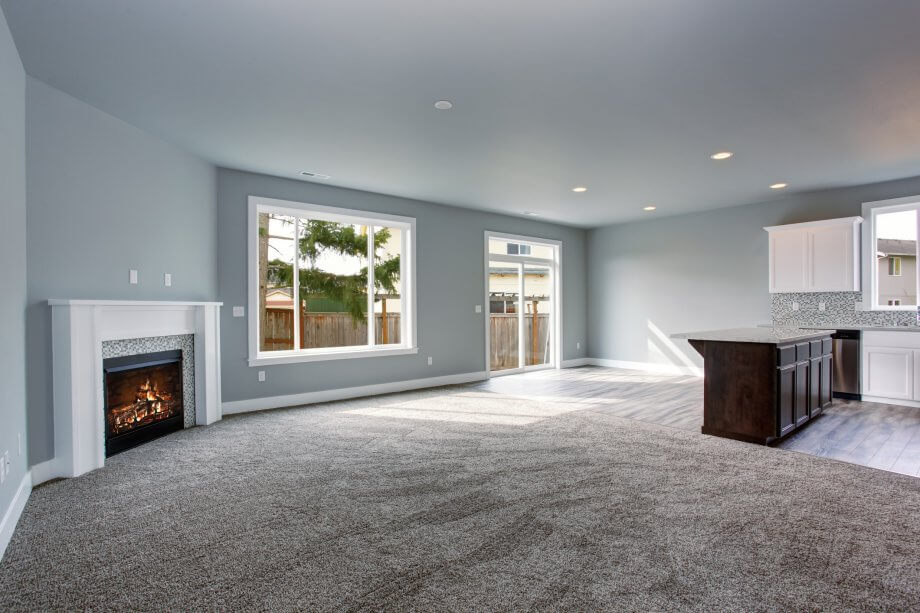 modern gray and white living room with professional cleaned carpets